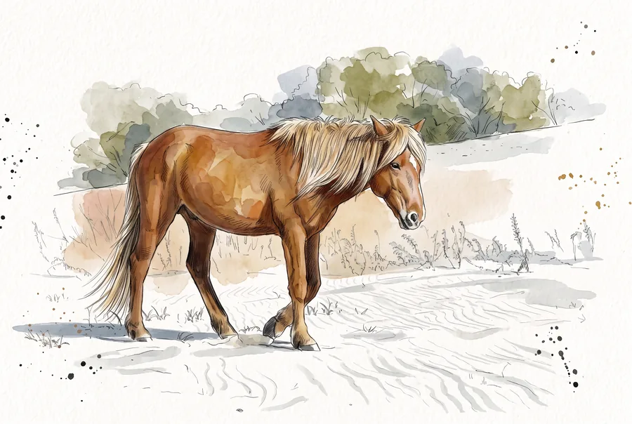 Ink and watercolor illustration of a wild Assateague Island pony crossing the dunes.