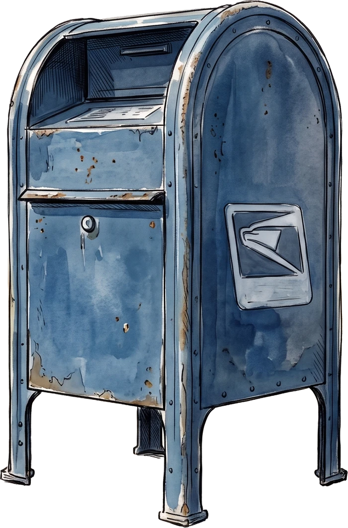 Ink and watercolor illustration of an old-school blue USPS street mailbox, cut out on its own.