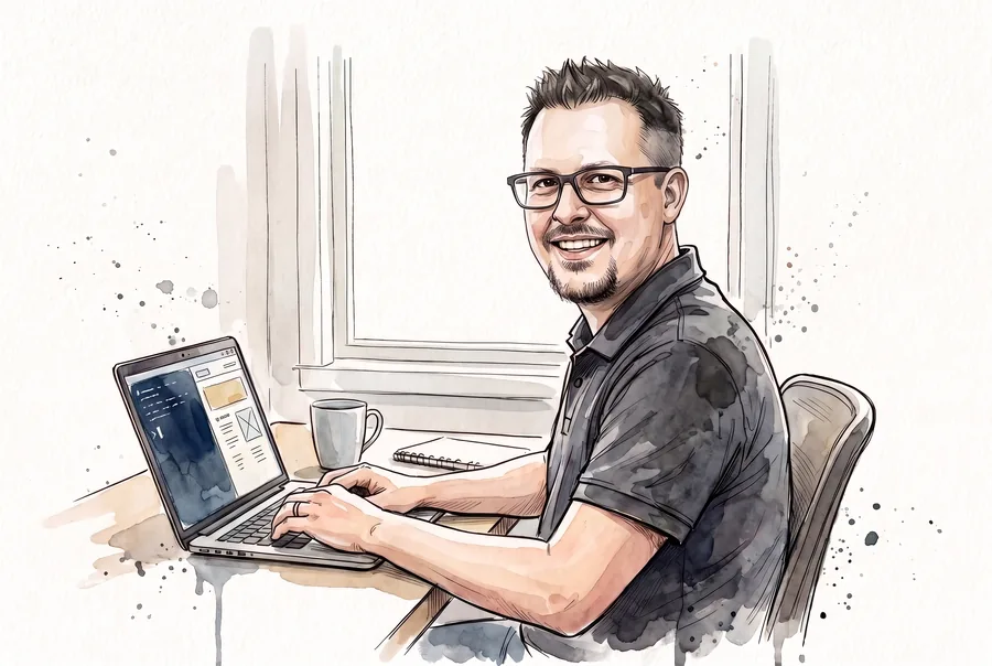 Ink and watercolor portrait of John R. Beckett at a laptop, building a website, turning to greet a visitor.