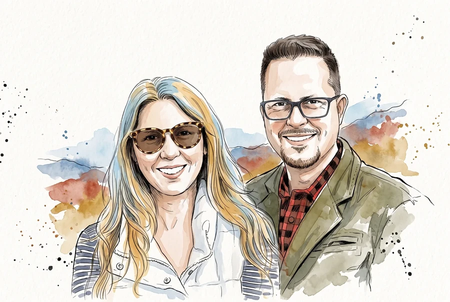 Ink and watercolor portrait of John R. Beckett and his wife Lesley at a mountain overlook in autumn.