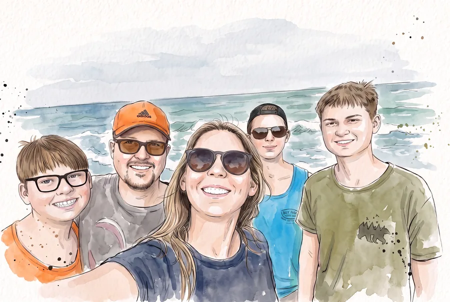 Ink and watercolor portrait of the Beckett family at the ocean's edge.