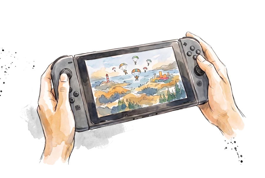 Ink and watercolor illustration of hands holding a Nintendo Switch 2 style handheld game console.