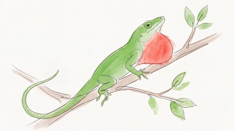 Watercolor and ink illustration of a green anole lizard displaying its red dewlap on a branch