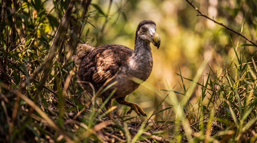 A candid photo of a dodo bird walking through tall grass and scrub in a warm, overgrown forest clearing