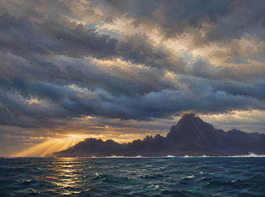 A moody painting of a mountainous island silhouette at dusk, with shafts of golden light breaking through dark storm clouds over the ocean