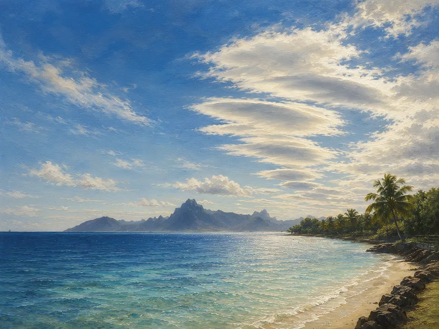 A painting of Moorea's mountain silhouette across a calm turquoise lagoon on a bright day, with palm trees along the shore