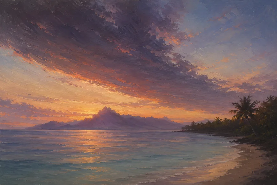 A painting of Moorea's mountain silhouette across the lagoon at sunset, with a dramatic orange and purple sky