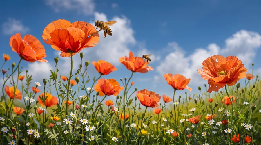 A meadow of red-orange poppies and small white daisies under a blue sky with clouds, with two honeybees perched on the petals